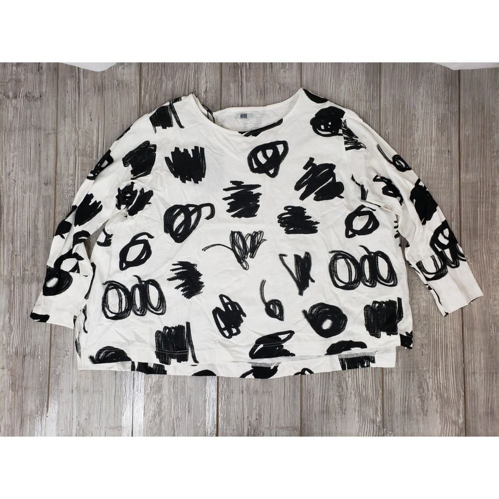 Moyuru Japan Womens Top M White and Black Abstract Scribble Print Cotton NWT